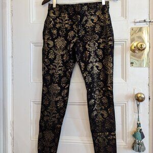 Metallic brocade-print ponte leggings/jeggings, black & gold, M